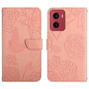 For Motorola Moto G05 HT03 Skin Feel Butterfly Embossed Flip Leather Phone Case(Pink)