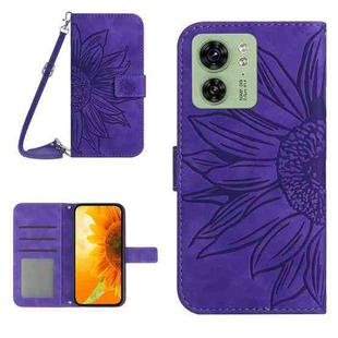 For Motorola Edge 40 HT04 Skin Feel Sun Flower Embossed Flip Leather Phone Case with Lanyard(Dark Purple)