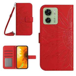 For Motorola Edge 40 HT04 Skin Feel Sun Flower Embossed Flip Leather Phone Case with Lanyard(Red)
