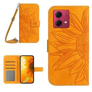 For Motorola Moto G84 HT04 Skin Feel Sun Flower Embossed Flip Leather Phone Case with Lanyard(Yellow)