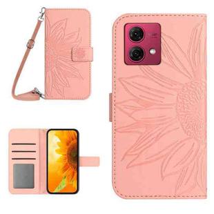 For Motorola Moto G84 HT04 Skin Feel Sun Flower Embossed Flip Leather Phone Case with Lanyard(Pink)