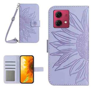 For Motorola Moto G84 HT04 Skin Feel Sun Flower Embossed Flip Leather Phone Case with Lanyard(Purple)