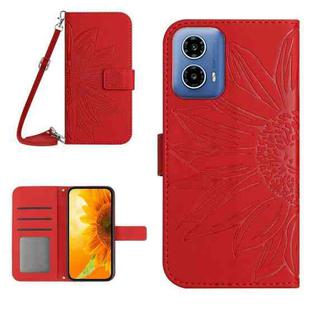 For Motorola Moto G34 5G HT04 Skin Feel Sun Flower Embossed Flip Leather Phone Case with Lanyard(Red)