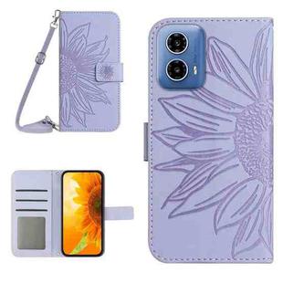 For Motorola Moto G04 / G24 HT04 Skin Feel Sun Flower Embossed Flip Leather Phone Case with Lanyard(Purple)