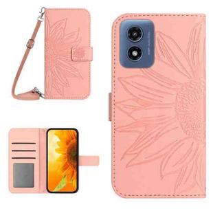 For Motorola Moto G Play 5G 2024 HT04 Skin Feel Sun Flower Embossed Flip Leather Phone Case with Lanyard(Pink)