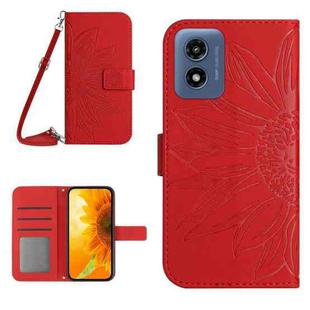 For Motorola Moto G Play 5G 2024 HT04 Skin Feel Sun Flower Embossed Flip Leather Phone Case with Lanyard(Red)