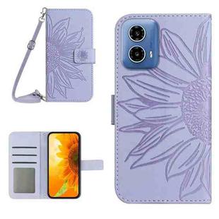 For Motorola Moto G85 5G HT04 Skin Feel Sun Flower Embossed Flip Leather Phone Case with Lanyard(Purple)