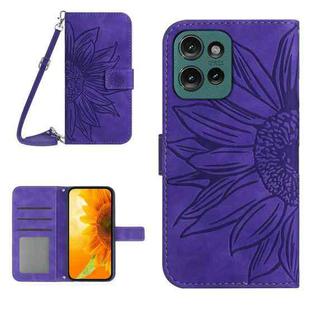 For Motorola Edge 50 Neo HT04 Skin Feel Sun Flower Embossed Flip Leather Phone Case with Lanyard(Dark Purple)