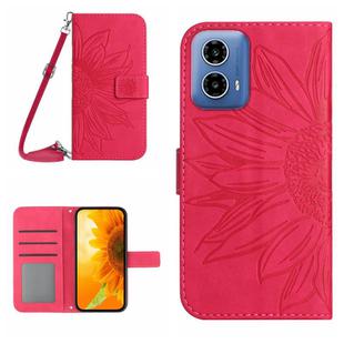 For Motorola Moto G35 5G HT04 Skin Feel Sun Flower Embossed Flip Leather Phone Case with Lanyard(Rose Red)