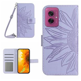 For Motorola Moto G55 5G HT04 Skin Feel Sun Flower Embossed Flip Leather Phone Case with Lanyard(Purple)