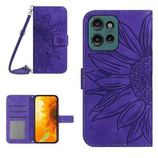 For Motorola Moto G75 5G HT04 Skin Feel Sun Flower Embossed Flip Leather Phone Case with Lanyard(Dark Purple)