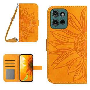 For Motorola Moto G Play 2025 HT04 Skin Feel Sun Flower Embossed Flip Leather Phone Case with Lanyard(Yellow)