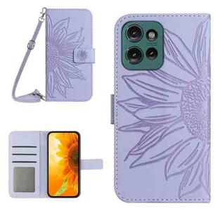 For Motorola Moto G Play 2025 HT04 Skin Feel Sun Flower Embossed Flip Leather Phone Case with Lanyard(Purple)