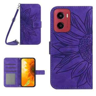 For Motorola Moto G05 HT04 Skin Feel Sun Flower Embossed Flip Leather Phone Case with Lanyard(Dark Purple)