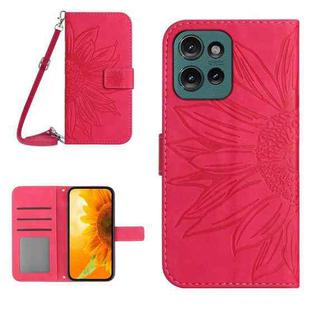 For Motorola Moto G15 HT04 Skin Feel Sun Flower Embossed Flip Leather Phone Case with Lanyard(Rose Red)