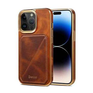 For iPhone 15 Pro Max Denior Oil Wax Leather Electroplating Card Slot Holder Phone Case(Brown)