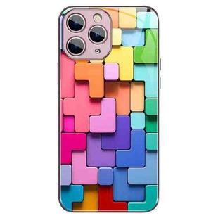 For iPhone 11 Pro Colorful Toy Bricks Pattern Shockproof Glass Phone Case(Pink)