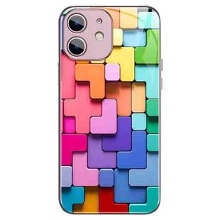 For iPhone 12 Colorful Toy Bricks Pattern Shockproof Glass Phone Case(Pink)