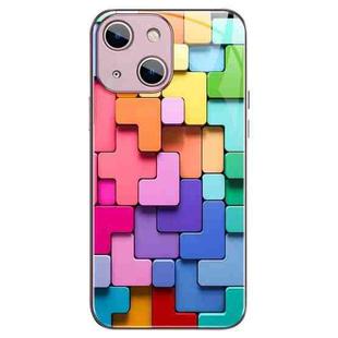 For iPhone 13 Colorful Toy Bricks Pattern Shockproof Glass Phone Case(Pink)