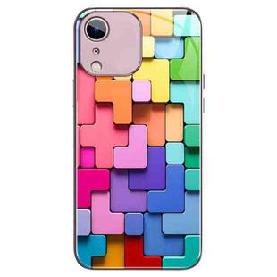 For iPhone XR Colorful Toy Bricks Pattern Shockproof Glass Phone Case(Pink)
