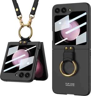 For Samsung Galaxy Z Flip5 GKK Ultra-thin PC Full Coverage Ring Holder Phone Case with Strap(Black)