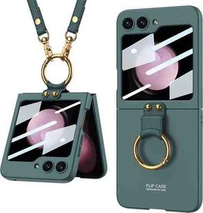 For Samsung Galaxy Z Flip5 GKK Ultra-thin PC Full Coverage Ring Holder Phone Case with Strap(Dark Green)