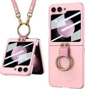 For Samsung Galaxy Z Flip5 GKK Ultra-thin PC Full Coverage Ring Holder Phone Case with Strap(Pink)