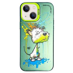 For iPhone 14 Double Layer Color Silver Series Animal Oil Painting Phone Case(White Dog)