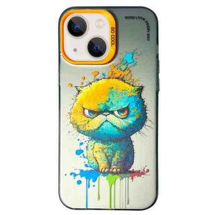 For iPhone 14 Double Layer Color Silver Series Animal Oil Painting Phone Case(Big Face Cat)