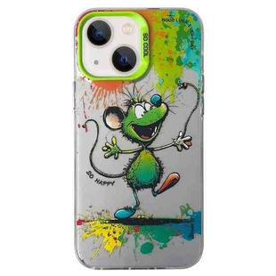 For iPhone 14 Double Layer Color Silver Series Animal Oil Painting Phone Case(Happy Mouse)