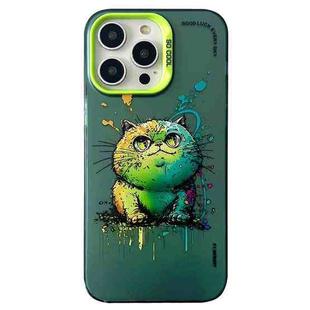 For iPhone 14 Pro Double Layer Color Silver Series Animal Oil Painting Phone Case(Green Cat)