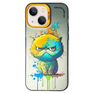 For iPhone 13 Double Layer Color Silver Series Animal Oil Painting Phone Case(Big Face Cat)