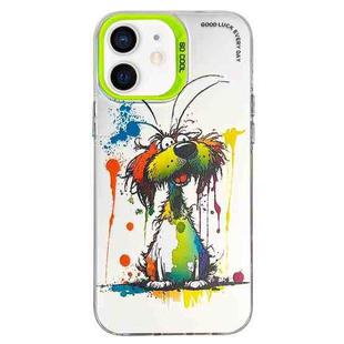 For iPhone 12 Double Layer Color Silver Series Animal Oil Painting Phone Case(Green Dog)