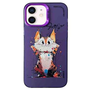 For iPhone 12 Double Layer Color Silver Series Animal Oil Painting Phone Case(Cuddle Cat)