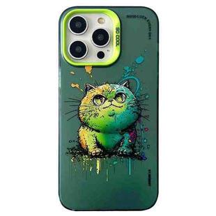 For iPhone 15 Pro Double Layer Color Silver Series Animal Oil Painting Phone Case(Green Cat)