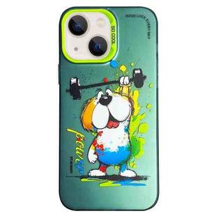 For iPhone 15 Plus Double Layer Color Silver Series Animal Oil Painting Phone Case(Weightlifting Dog)