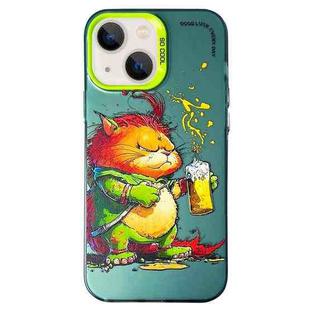 For iPhone 15 Plus Double Layer Color Silver Series Animal Oil Painting Phone Case(Beer Cat)