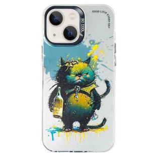 For iPhone 15 Plus Double Layer Color Silver Series Animal Oil Painting Phone Case(Angry Cat)