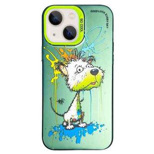 For iPhone 15 Double Layer Color Silver Series Animal Oil Painting Phone Case(White Dog)