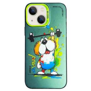For iPhone 15 Double Layer Color Silver Series Animal Oil Painting Phone Case(Weightlifting Dog)