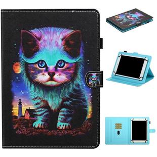 For 8 inch Universal Tablet Colored Drawing Stitching Horizontal Flip Leather Case with Holder & Card Slots & Anti-skid strip(Night Cat)