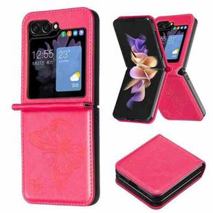 For Samsung Galaxy Z Flip5 Embossing Two Butterflies Leather Phone Case(Rose Red)
