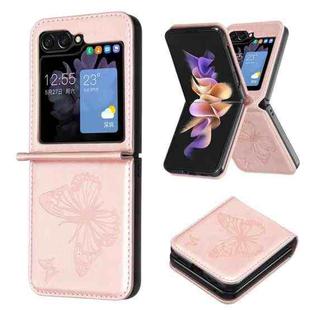 For Samsung Galaxy Z Flip5 Embossing Two Butterflies Leather Phone Case(Rose Gold)