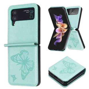 For Samsung Galaxy Z Flip3 5G Embossing Two Butterflies Leather Phone Case(Green)