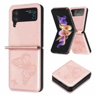 For Samsung Galaxy Z Flip3 5G Embossing Two Butterflies Leather Phone Case(Rose Gold)