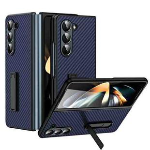 For Samsung Galaxy Z Flip5 Composite Carbon Fiber Pattern Phone Case With Holder(Blue)
