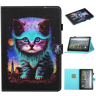 For Kindle Fire HD8 (2020) / HD8 Plus (2020) Colored Drawing Stitching Horizontal Flip Leather Case with Holder & Card Slots & Sleep / Wake-up Function(Night Cat)