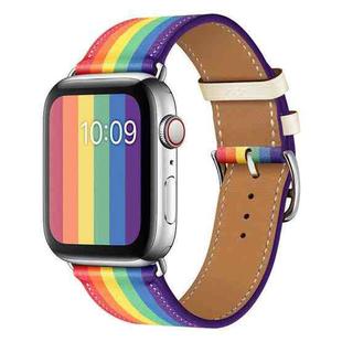 For Apple Watch Series 7 45mm / 6 & SE & 5 & 4 44mm / 3 & 2 & 1 42mm Rainbow Leather Watch Band(Black)