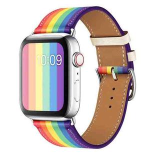 For Apple Watch Series 7 45mm / 6 & SE & 5 & 4 44mm / 3 & 2 & 1 42mm Rainbow Leather Watch Band(White)