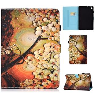 For Lenovo Tab M10 Plus TB-X606F Sewing Thread Horizontal Painted Flat Leather Case with Pen Cover & Anti Skid Strip & Card Slot & Holder & Wake-up / Sleep Function(Plum Blossom)